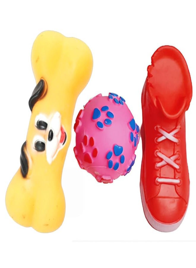 KittuPet Puppy Squeaky Toys Combo of 3 - Large Squeaky Ball Toy, Large Squeaky Shoes Toy II Large Size Squeaky Dog Face Toy (Multicolor)